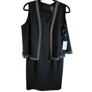 Adrianna Papell Dress Sz 6P Black Beaded Evening Cocktail Cape Knee Length